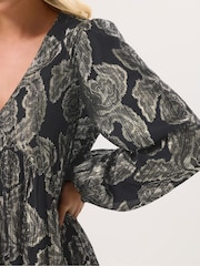 PixieGirl Petite Black Jacquard Long Sleeve Smock Maxi Dress - Image 4 of 5