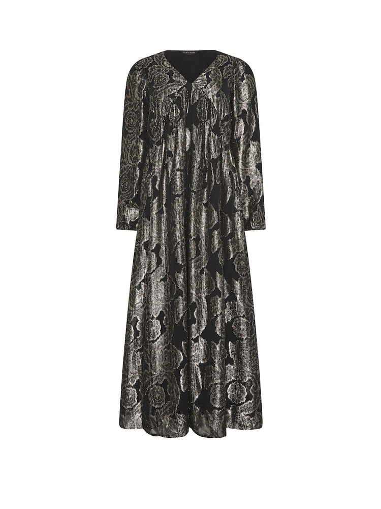 PixieGirl Petite Black Jacquard Long Sleeve Smock Maxi Dress - Image 5 of 5