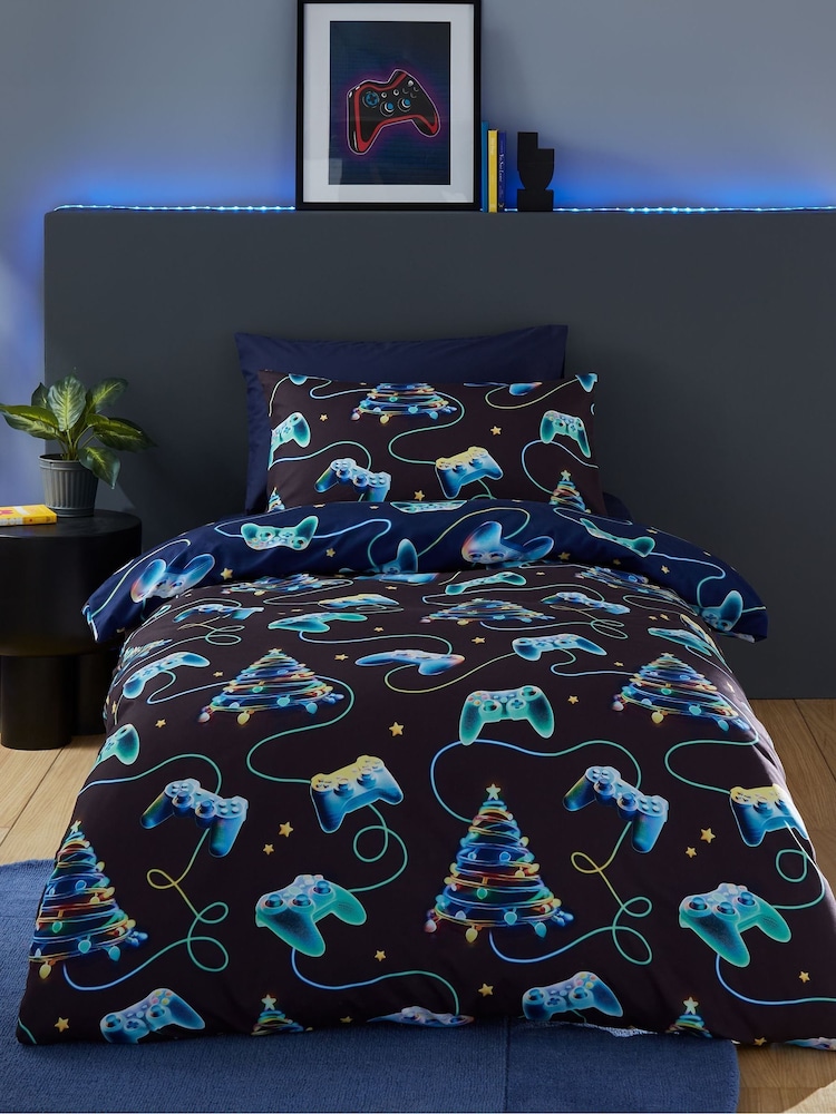 Catherine Lansfield Navy Christmas Gamer So Soft Reversible Duvet Cover Set - Image 1 of 4
