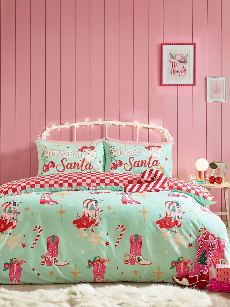 Catherine Lansfield Green Santas Howdy Christmas Reversible Duvet Cover Set - Image 1 of 5