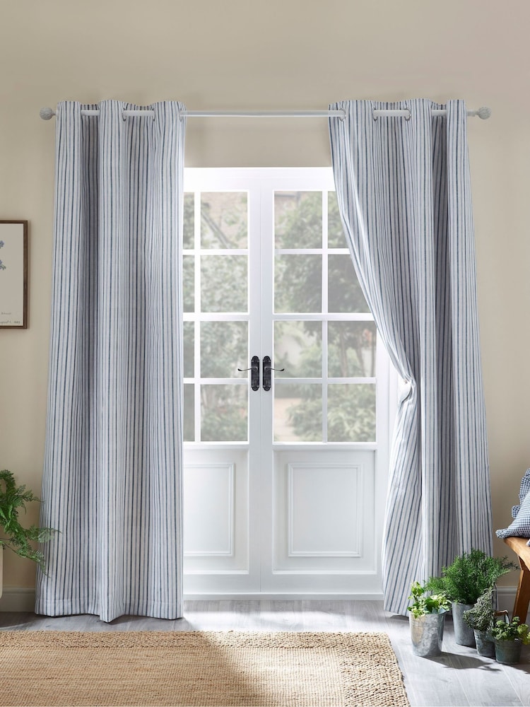 Catherine Lansfield Blue Logan Stripe Lined Eyelet Curtains - Image 2 of 4 Catherine Lansfield Blue Logan Stripe Lined Eyelet Curtains - Image 2 of 4