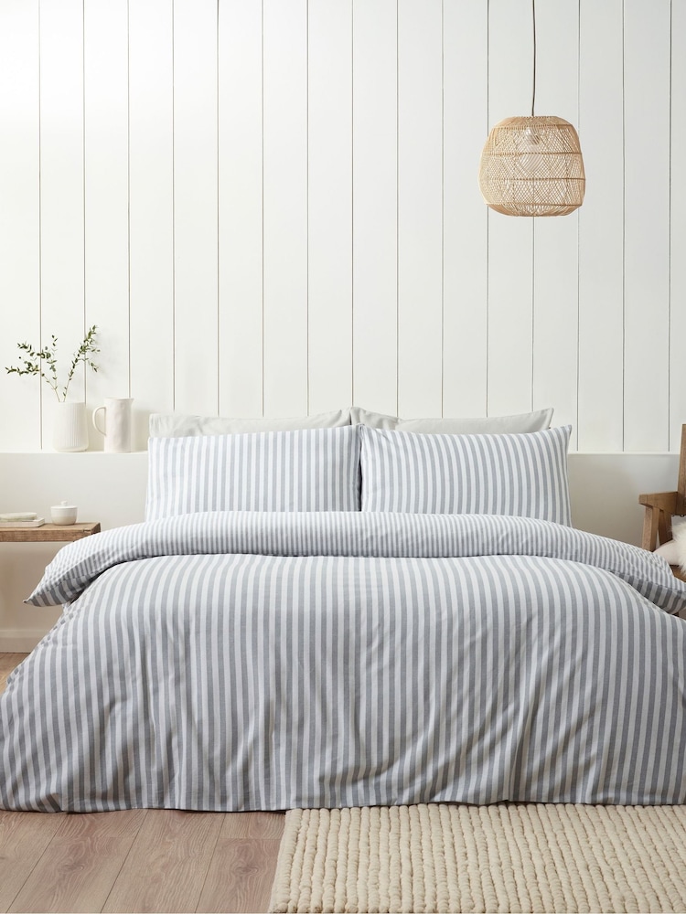 Catherine Lansfield Silver Grey Brushed Stripe Cotton Reversible Duvet Cover Set - Image 1 of 5