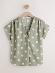 Green/White Polka Dot - Κοντομάνικο Λαιμόκοψη V Μπλούζα - Εικόνα 5 του 7