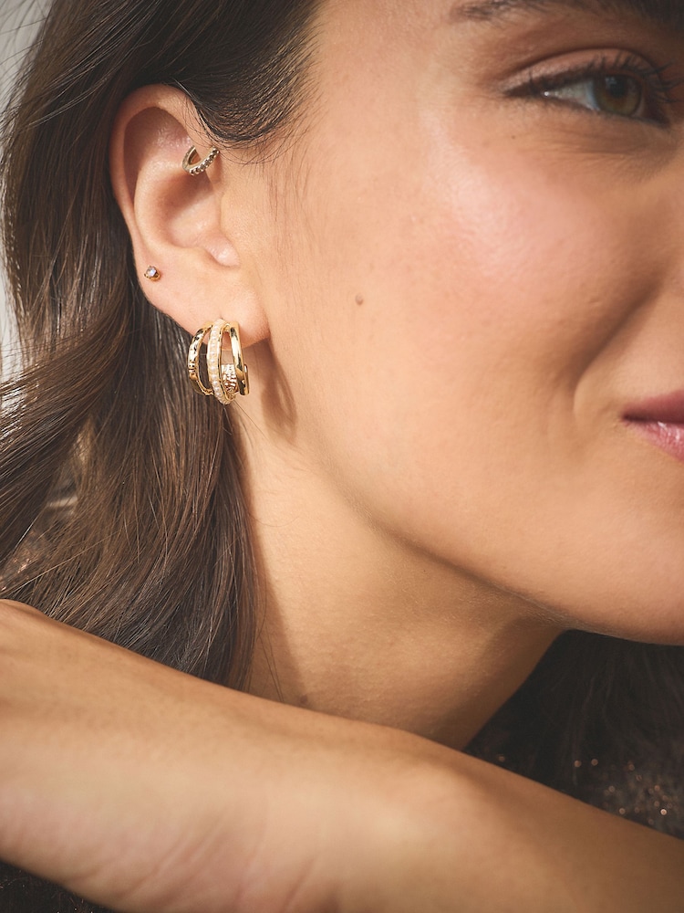 Gold Tone Triple Hoop Stud Earrings - Image 2 of 5