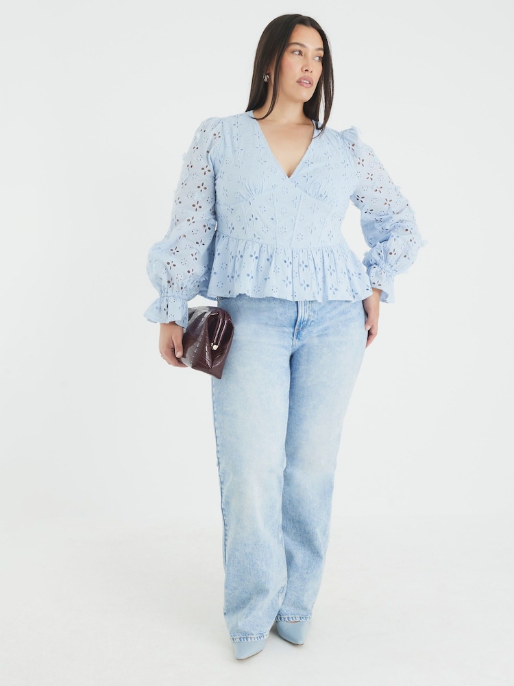 River Island Blue Broderie Corset Blouse - Image 1 of 6