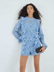 River Island Blue Premium Lace Frill Top - Image 1 of 4