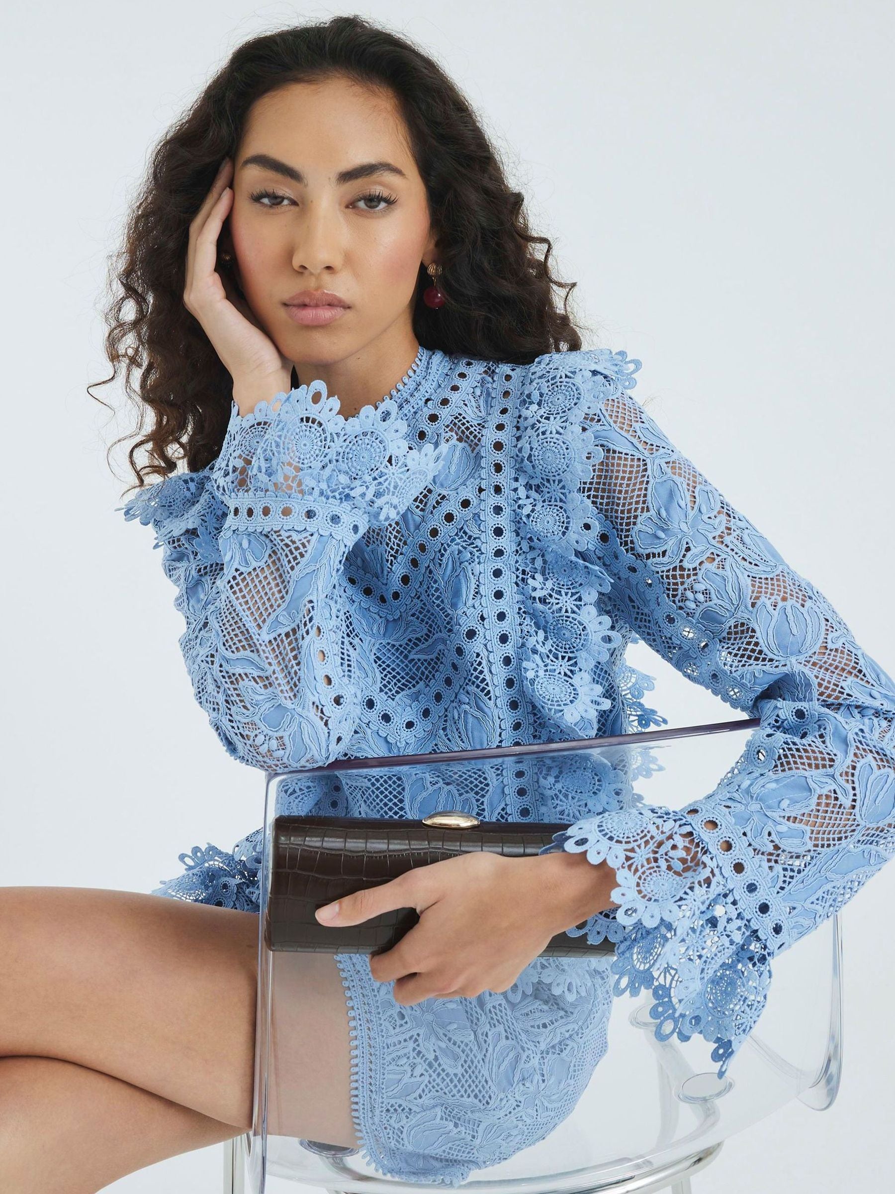 Buy River Island Blue Premium Lace Frill Top from Next USA
