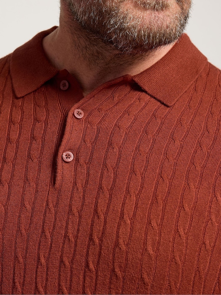Portocaliu - BadRhino Big & Tall Long Sleeve Cable Knitted Polo Shirt - Image 4 of 6