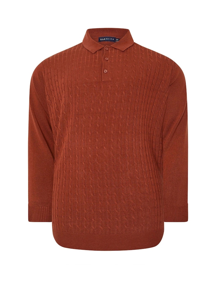Portocaliu - BadRhino Big & Tall Long Sleeve Cable Knitted Polo Shirt - Image 5 of 6