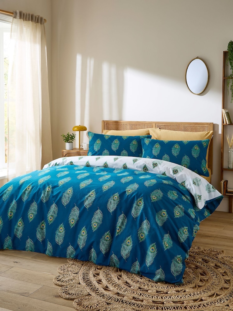 Their Nibs Teal Green Their Nibs Teal Green Peacock Feather Cotton Reversible Duvet Cover Set - Image 2 of 5