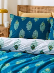 Their Nibs Teal Green Their Nibs Teal Green Peacock Feather Cotton Reversible Duvet Cover Set - Image 3 of 5