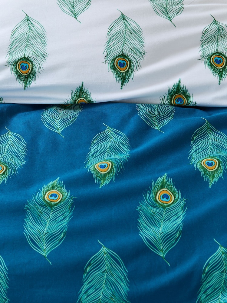 Their Nibs Teal Green Their Nibs Teal Green Peacock Feather Cotton Reversible Duvet Cover Set - Image 5 of 5