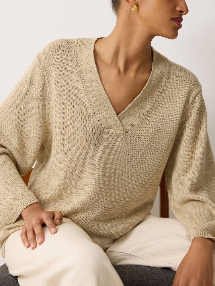 Jigsaw Natural 100% Linen V-Neck Slouchy Jumper - Image 1 of 6