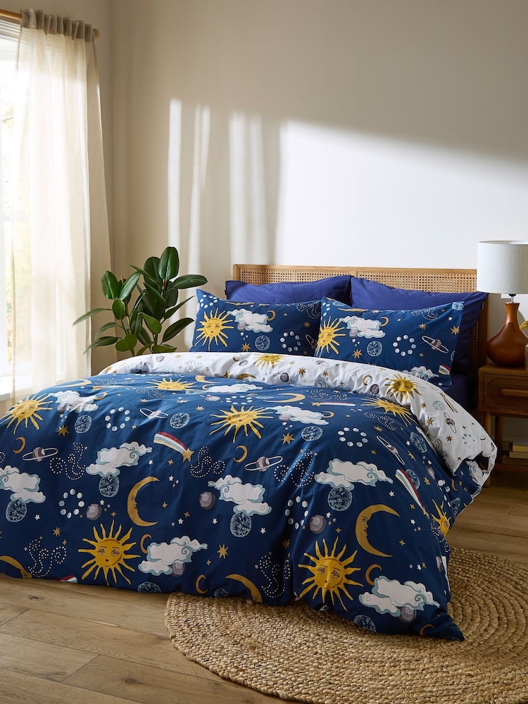 Their Nibs Navy Blue Disco Space Cotton Reversible Duvet Cover Set - Image 1 of 5 Their Nibs Navy Blue Disco Space Cotton Reversible Duvet Cover Set - Image 1 of 5
