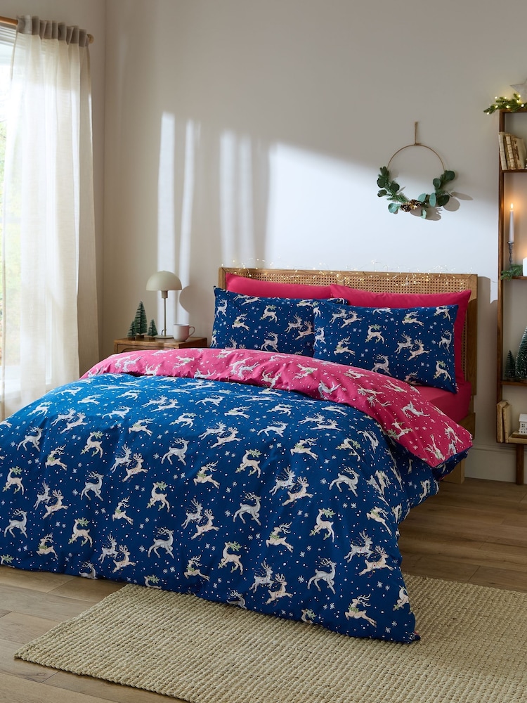 Their Nibs Blue Christmas Reindeer Reversible Duvet Cover Set - Image 1 of 5