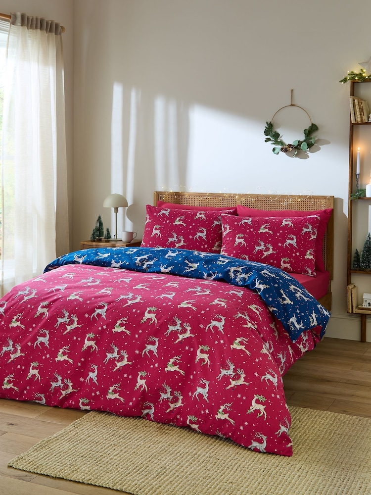 Their Nibs Blue Christmas Reindeer Reversible Duvet Cover Set - Image 2 of 5