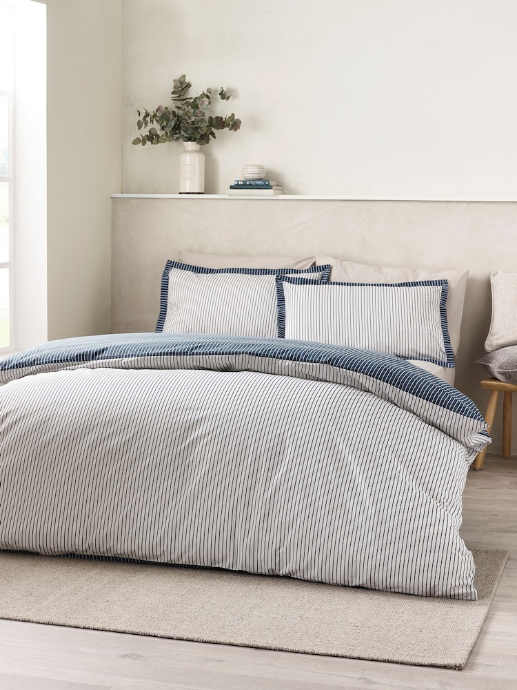 Catherine Lansfield Navy Blue Oxford Pinstripe Reversible Duvet Cover Set - Image 1 of 4