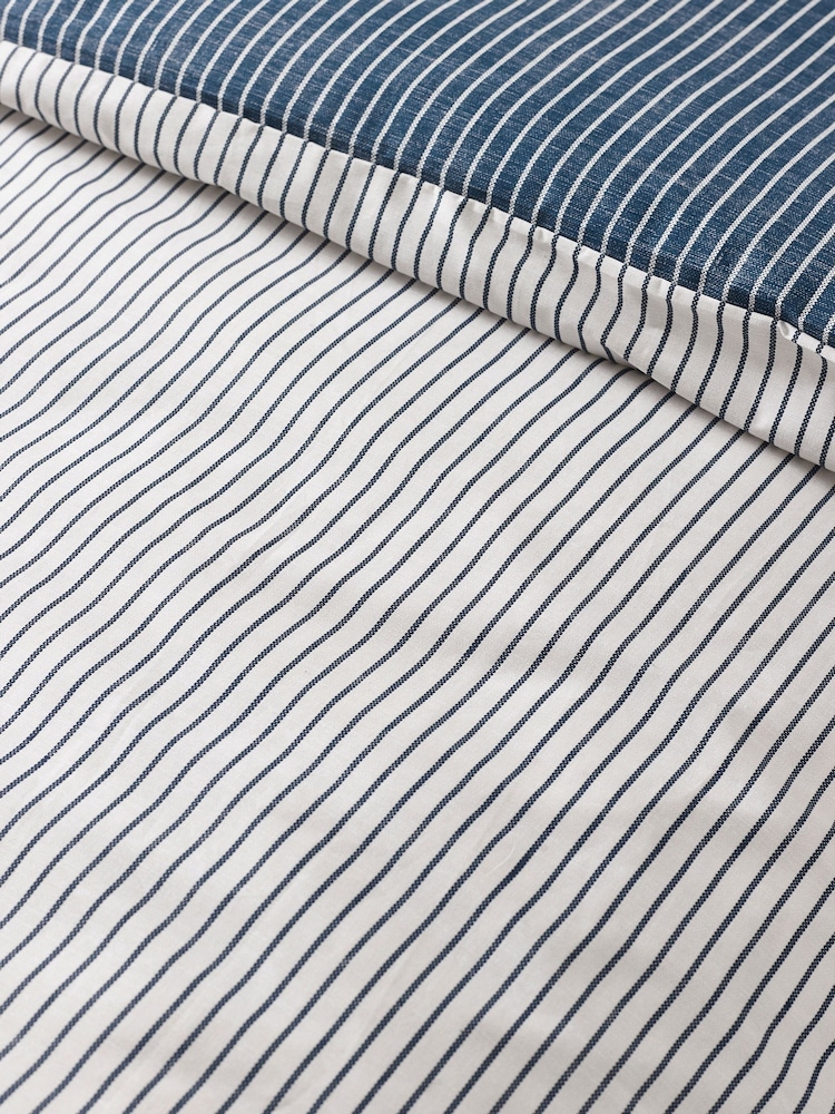 Catherine Lansfield Navy Blue Oxford Pinstripe Reversible Duvet Cover Set - Image 4 of 4