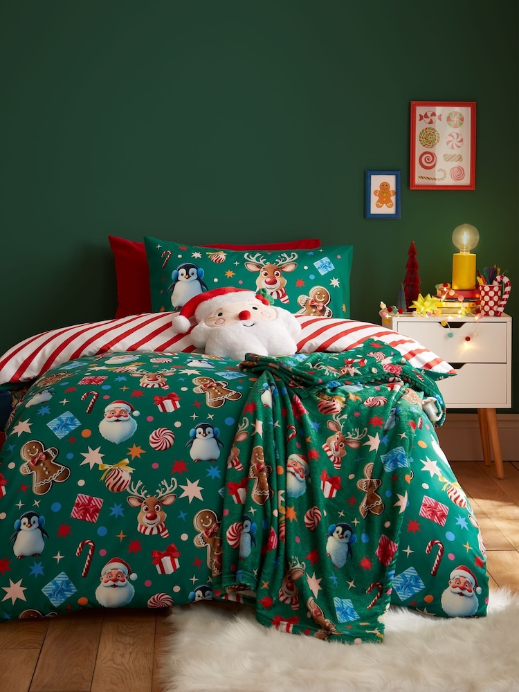 Catherine Lansfield Green Christmas Icons So Soft Reversible Duvet Cover Set - Image 1 of 6 Catherine Lansfield Green Christmas Icons So Soft Reversible Duvet Cover Set - Image 1 of 6