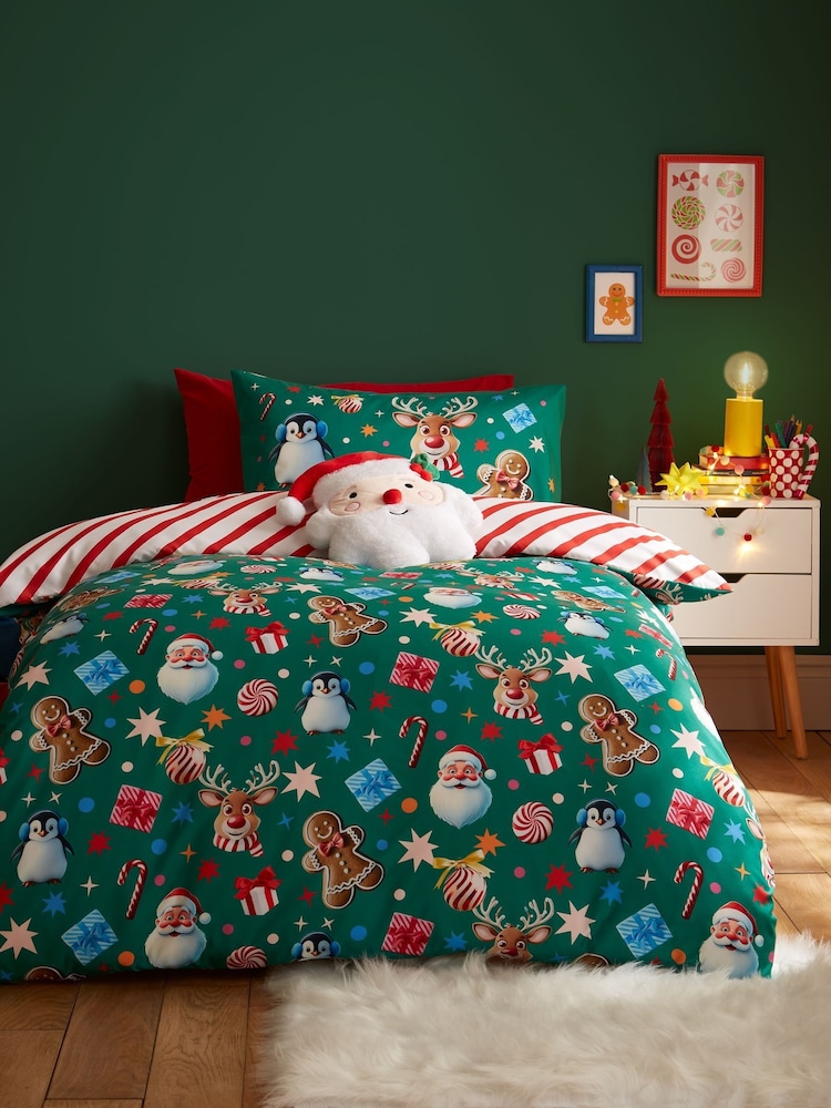 Catherine Lansfield Green Christmas Icons So Soft Reversible Duvet Cover Set - Image 2 of 6 Catherine Lansfield Green Christmas Icons So Soft Reversible Duvet Cover Set - Image 2 of 6