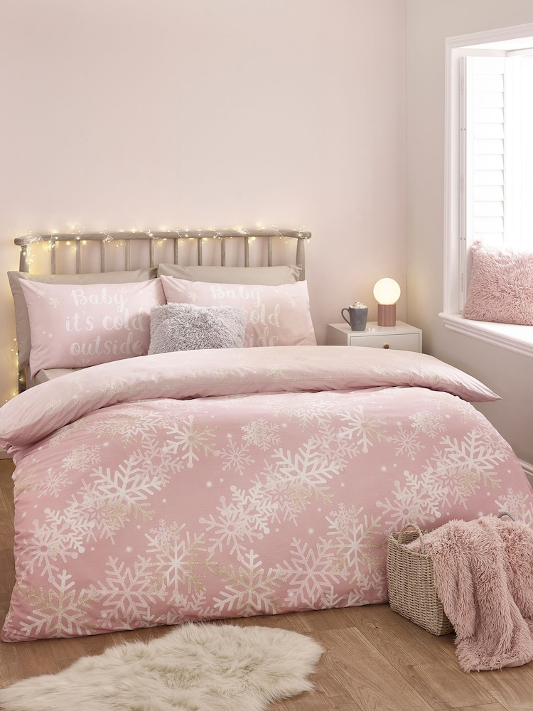 Catherine Lansfield Pink Baby Its Cold Outside Reversible Duvet Cover Set - Image 1 of 5