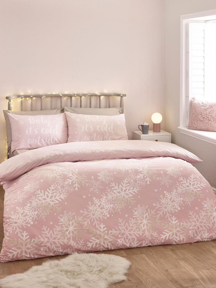 Catherine Lansfield Pink Baby Its Cold Outside Reversible Duvet Cover Set - Image 2 of 5