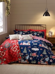 Catherine Lansfield Blue Christmas Ski Village Reversible Duvet Cover Set - Image 1 of 5