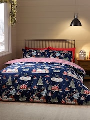 Catherine Lansfield Blue Christmas Ski Village Reversible Duvet Cover Set - Image 2 of 5