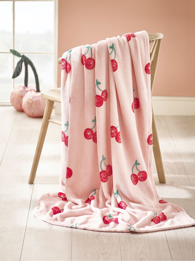 Catherine Lansfield Pink Oversized Disco Cherries Cosy Fleece Blanket Throw - Image 1 of 3 Catherine Lansfield Pink Oversized Disco Cherries Cosy Fleece Blanket Throw - Image 1 of 3