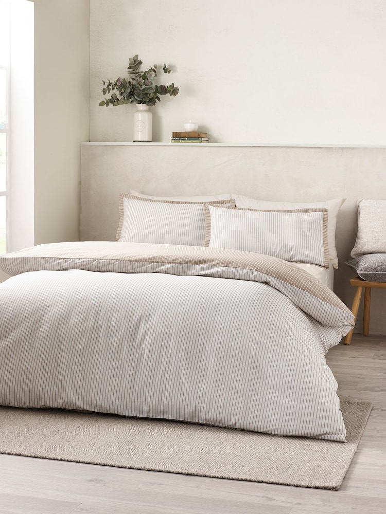 Catherine Lansfield Natural Oxford Pinstripe Reversible Duvet Cover Set - Image 2 of 5