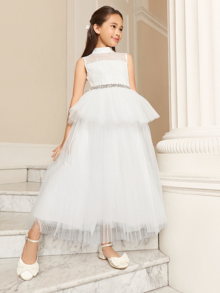 Lipsy White Holy Communion Embellished Tulle Peplum Occasion Dress (7-11yrs) - Image 1 of 5
