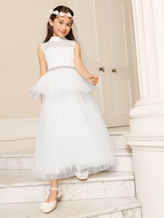 Lipsy White Holy Communion Embellished Tulle Peplum Occasion Dress (7-11yrs) - Image 4 of 5
