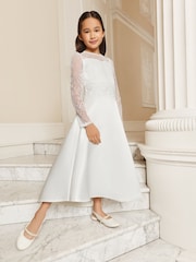Lipsy White Holy Communion Long Sleeve Lace Satin Occasion Dress (7-11yrs) - Image 1 of 5