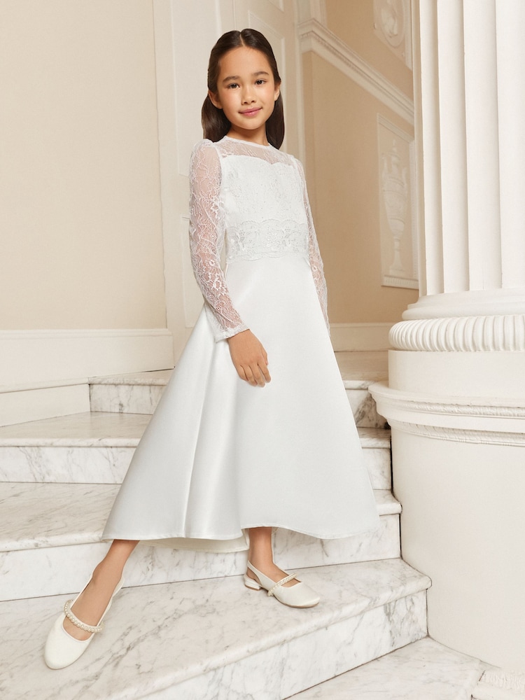 Lipsy White Holy Communion Long Sleeve Lace Satin Occasion Dress (7-11yrs) - Image 1 of 5
