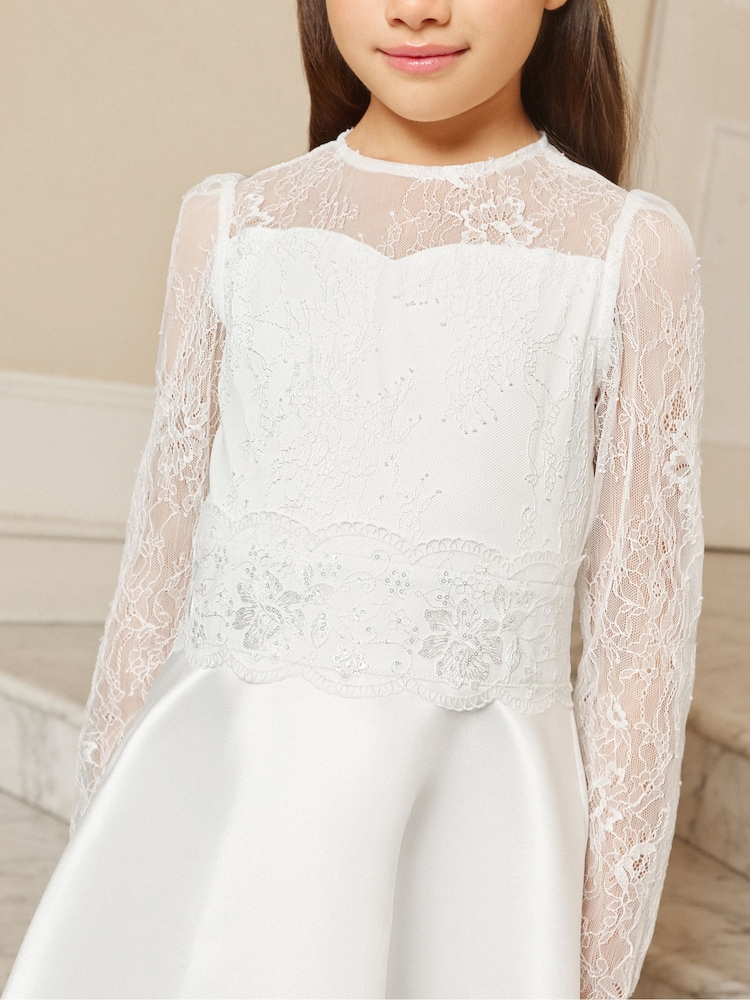 Lipsy White Holy Communion Long Sleeve Lace Satin Occasion Dress (7-11yrs) - Image 2 of 5