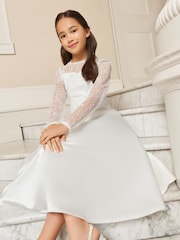 Lipsy White Holy Communion Long Sleeve Lace Satin Occasion Dress (7-11yrs) - Image 3 of 5