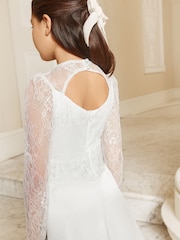 Lipsy White Holy Communion Long Sleeve Lace Satin Occasion Dress (7-11yrs) - Image 4 of 5