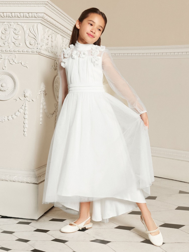 Lipsy White Holy Communion Long Sleeve Mesh Corsage Occasion Dress (7-11yrs) - Image 1 of 5