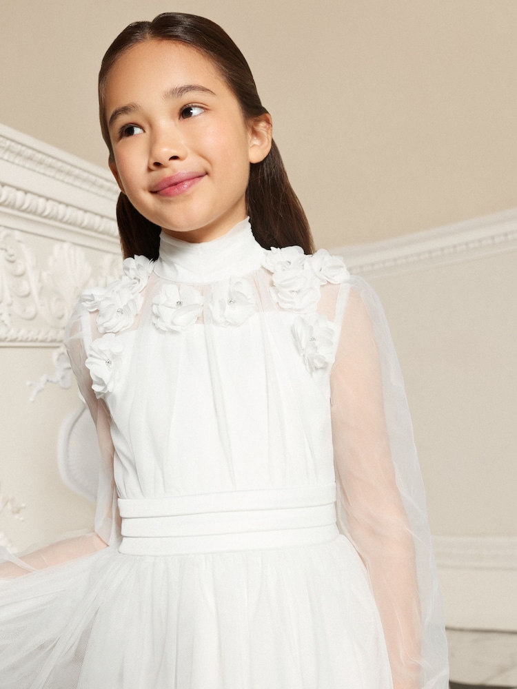 Lipsy White Holy Communion Long Sleeve Mesh Corsage Occasion Dress (7-11yrs) - Image 2 of 5