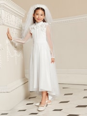 Lipsy White Holy Communion Long Sleeve Mesh Corsage Occasion Dress (7-11yrs) - Image 3 of 5