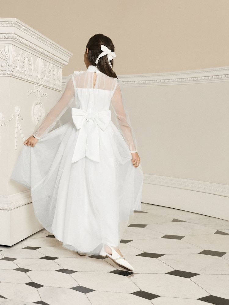 Lipsy White Holy Communion Long Sleeve Mesh Corsage Occasion Dress (7-11yrs) - Image 5 of 5