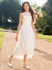 Lipsy Ivory White Mesh Flower Maxi Occasion Dress (5-16yrs) - Image 1 of 4
