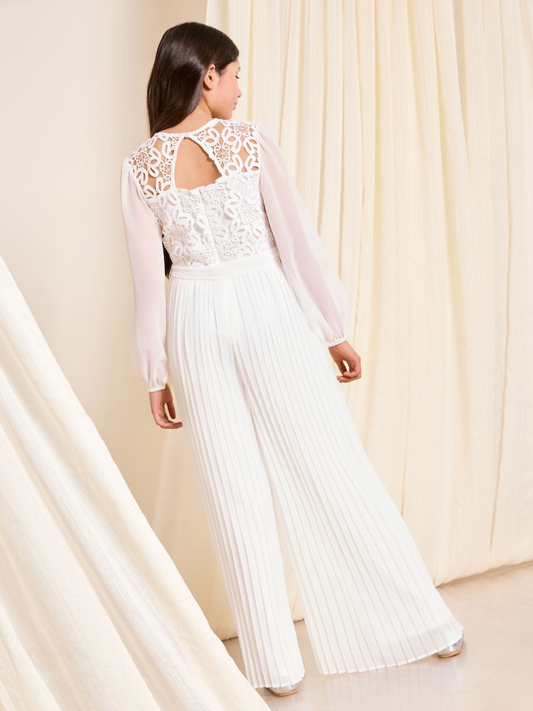 Lipsy White Lace 2-in-1 Pleated Occasion Jumpsuit (5-16yrs) - Image 2 of 4
