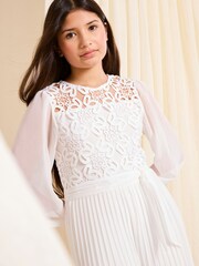 Lipsy White Lace 2-in-1 Pleated Occasion Jumpsuit (5-16yrs) - Image 3 of 4