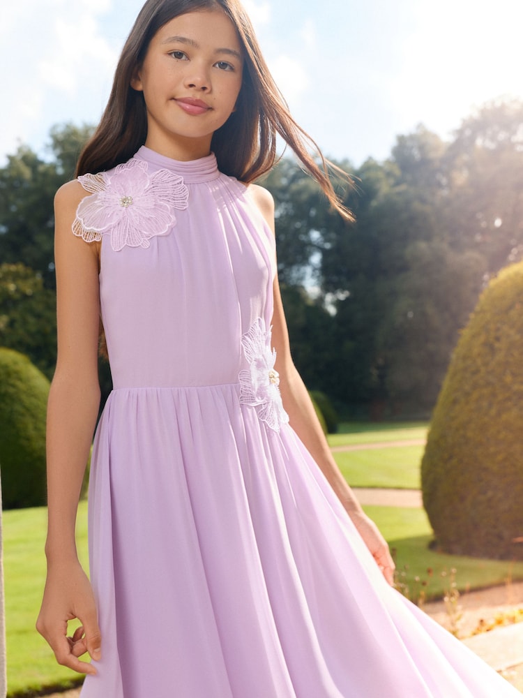 Lipsy Lilac Purple Embellished Flower Hanky Hem Occasion Dress (5-16yrs) - Image 2 of 5