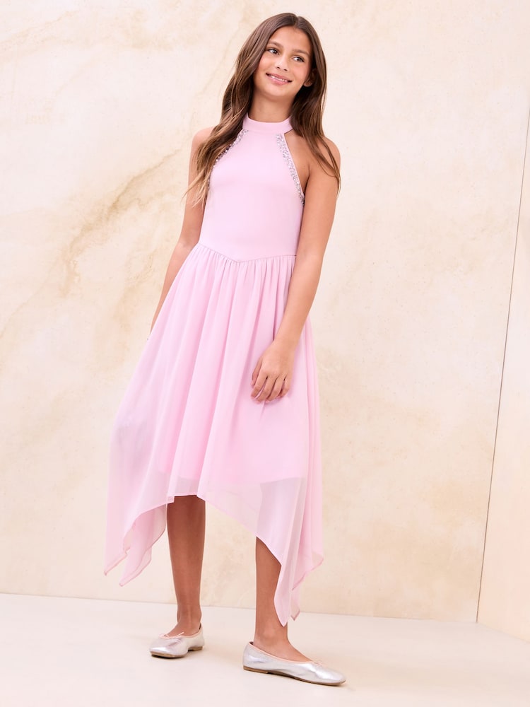 Lipsy Pink Embellished Hanky Hem Halter Occasion Dress (7-16yrs) - Image 1 of 4 Lipsy Pink Embellished Hanky Hem Halter Occasion Dress (7-16yrs) - Image 1 of 4
