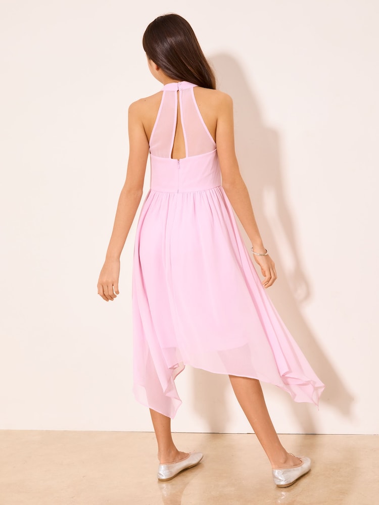 Lipsy Pink Embellished Hanky Hem Halter Occasion Dress (7-16yrs) - Image 5 of 5