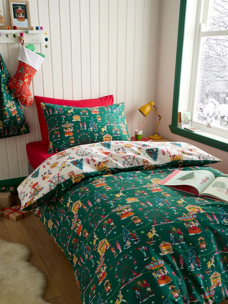 Belle & Boo Green Christmas Fairground Reversible Duvet Cover Set - Image 2 of 5