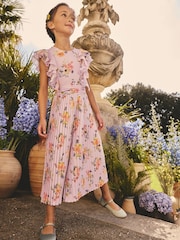 Lilac Purple Short Sleeve Pleated Ruffle Jumpsuit (3-16yrs) - Image 1 of 3