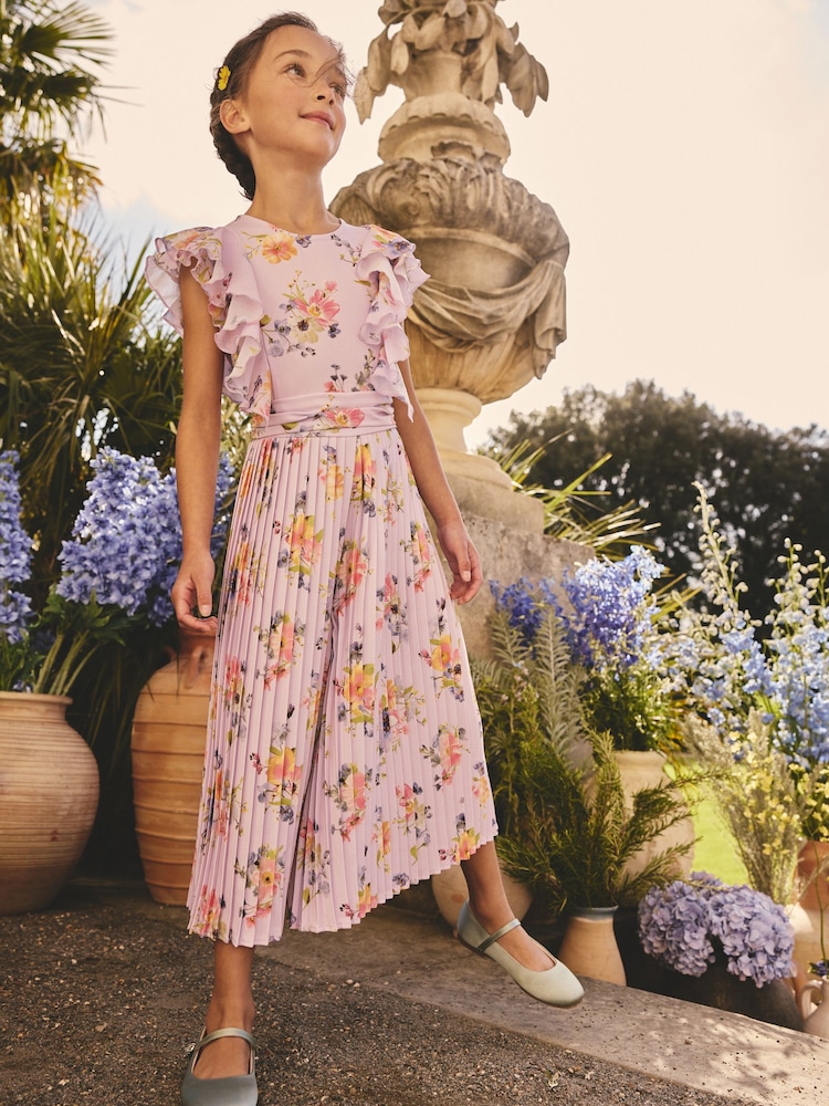 Lilac Purple Short Sleeve Pleated Ruffle Jumpsuit (3-16yrs) - Image 1 of 3